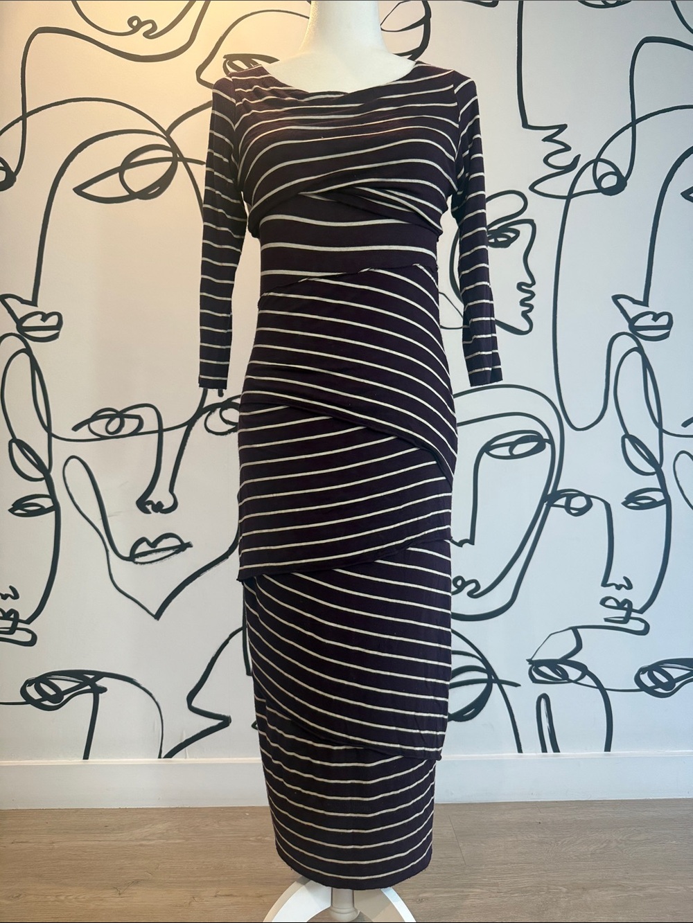 Striped Long Sleeve Navy and White Layered Midi Dress